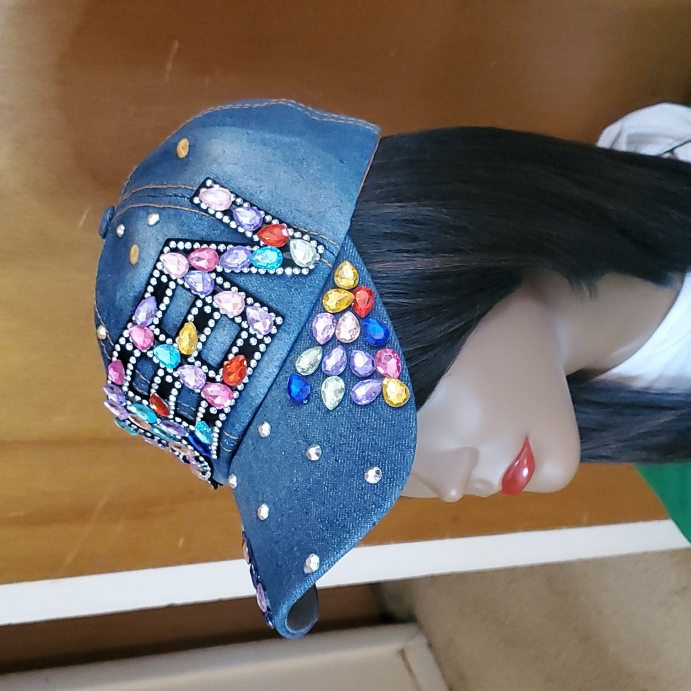 Womens Denim "Queen" Cap With Rhinestones - Picture 2 of 5